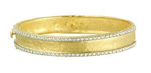 18 Karat Yellow Gold Diamond 11mm Hammered Bangle Bracelet
