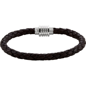 Mens Stainless Steel and Dark Brown Braided Leather Bracelet